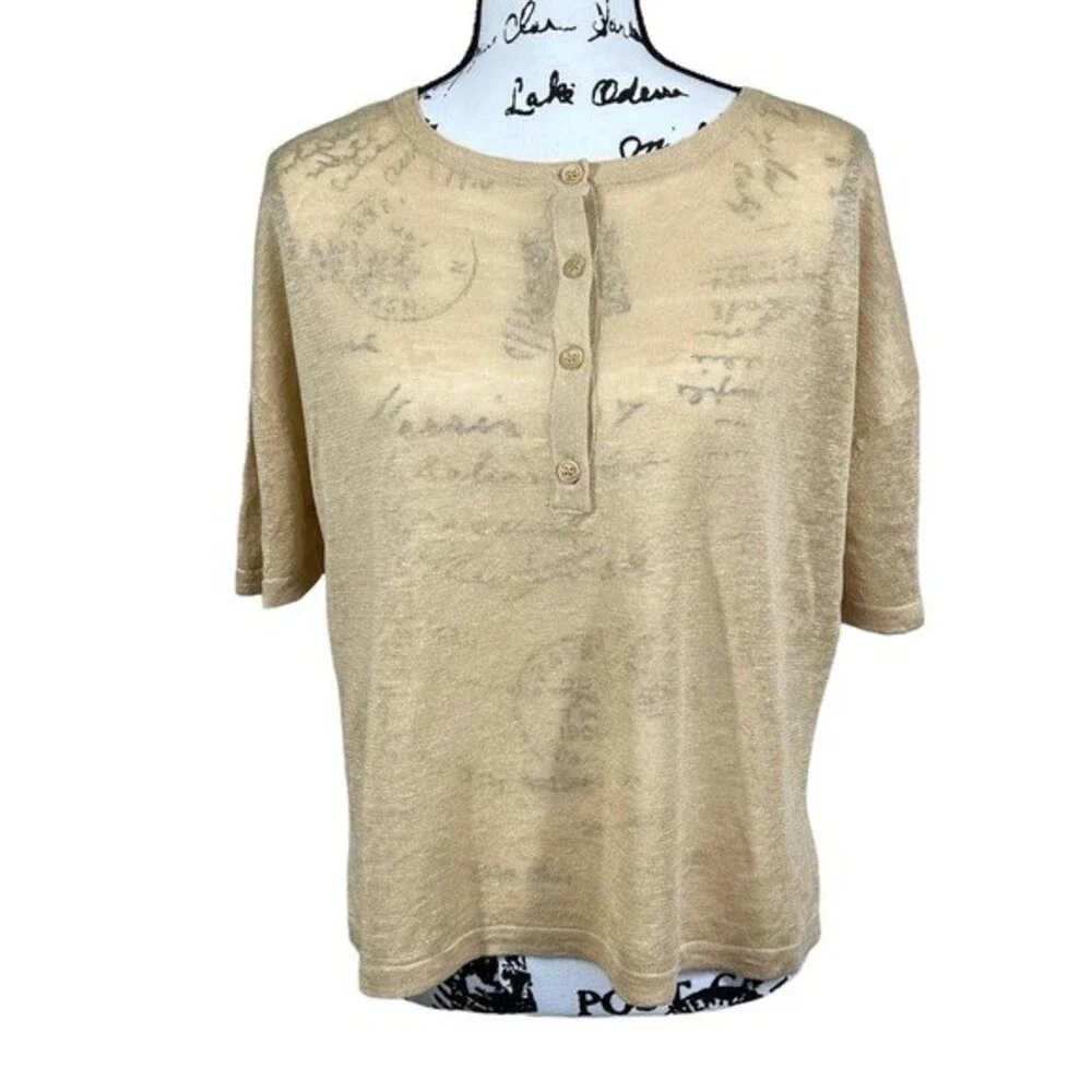 Skull Cashmere Tan top Women Lagenlook 100% Linen Penelope Henley Top size XS